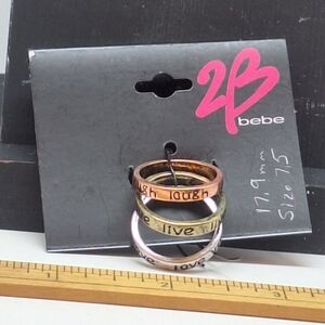 Bebe "Live" "Laugh" & "Love"  Tri-Color Inspirational Ring Set Size 7.5